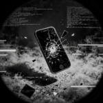 Um smartphone quebrado flutuando entre nuvens digitais, cercado por fragmentos de código e alertas de segurança