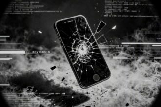 Um smartphone quebrado flutuando entre nuvens digitais, cercado por fragmentos de código e alertas de segurança