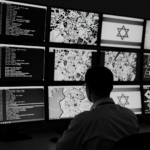 Um operador de inteligência visto de costas diante de uma parede de monitores repletos de códigos, mapas e dados, com a bandeira de Israel desfocada ao fundo