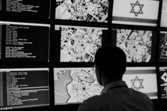 Um operador de inteligência visto de costas diante de uma parede de monitores repletos de códigos, mapas e dados, com a bandeira de Israel desfocada ao fundo