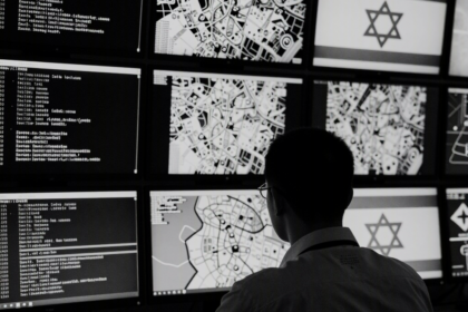 Um operador de inteligência visto de costas diante de uma parede de monitores repletos de códigos, mapas e dados, com a bandeira de Israel desfocada ao fundo