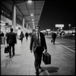 Um executivo de terno escuro caminhando sozinho pelo terminal de um aeroporto internacional à noite, carregando uma pequena mala de mão, enquanto ao fundo um jato executivo aguarda na pista