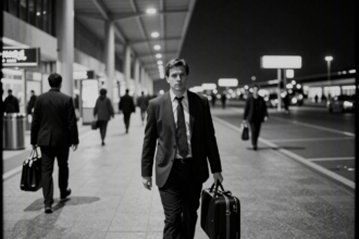 Um executivo de terno escuro caminhando sozinho pelo terminal de um aeroporto internacional à noite, carregando uma pequena mala de mão, enquanto ao fundo um jato executivo aguarda na pista