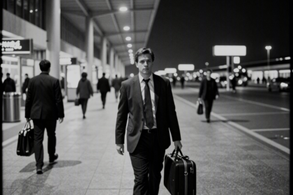 Um executivo de terno escuro caminhando sozinho pelo terminal de um aeroporto internacional à noite, carregando uma pequena mala de mão, enquanto ao fundo um jato executivo aguarda na pista